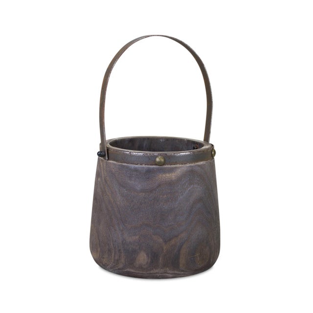 Kenneth Ludwig Chicago Natural Wooden Pail Planter with Metal Handle Accent (Set of 2) For Sale - Image 4 of 5