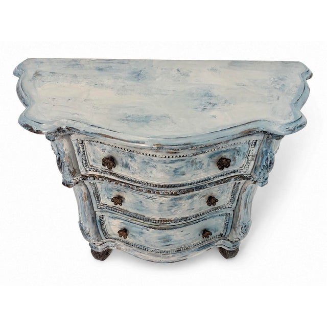 Shabby Chic Vintage Distressed Blue Dresser | Hand-Painted 3-Drawer Chest | Shabby Chic French Country | Carved Details | Maison Martine | One of a Kind For Sale - Image 3 of 12