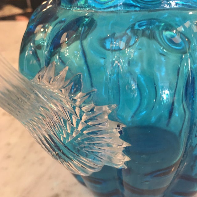 Blue Blue Textured Handblown Art - Glass Pitcher For Sale - Image 8 of 12