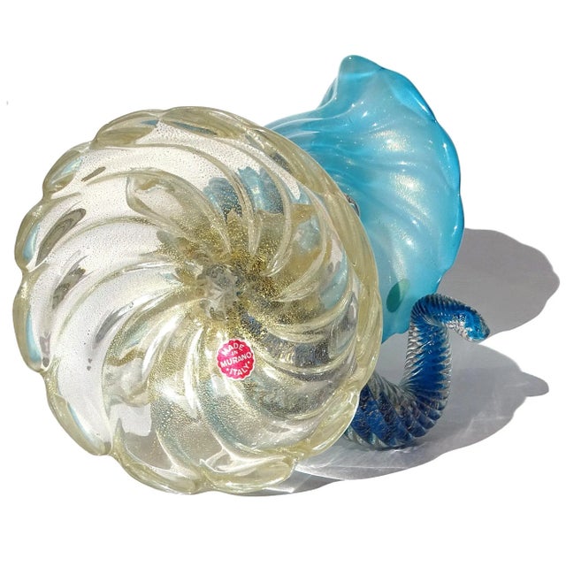 Vintage Murano Seguso Opalescent Blue Gold Flecks Italian Art Glass Mid Century Sculptural Flower Vase For Sale - Image 11 of 12