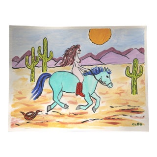 Nude, Horse, Americana Western Landscape Pop Art, Surrealism Blue Tan Red Green Original Painting by Cleo Plowden For Sale
