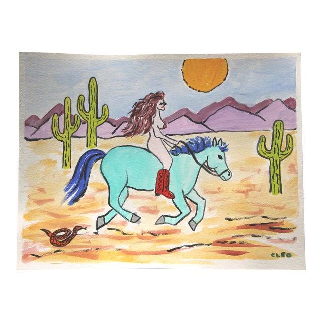 Nude, Horse, Americana Western Landscape Pop Art, Surrealism Blue Tan Red Green Original Painting by Cleo Plowden For Sale