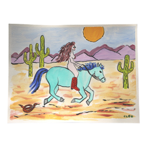 Nude, Horse, Americana Western Landscape Pop Art, Surrealism Blue Tan Red Green Original Painting by Cleo Plowden