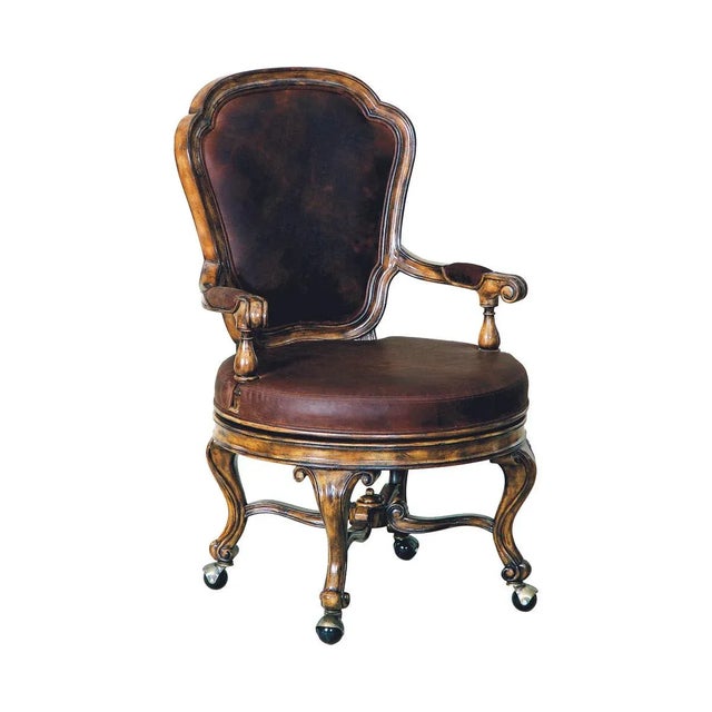 Dark Wellington Cottage Finished Swivel Game Chair Old Attic Leather Upholstery Brass Casters