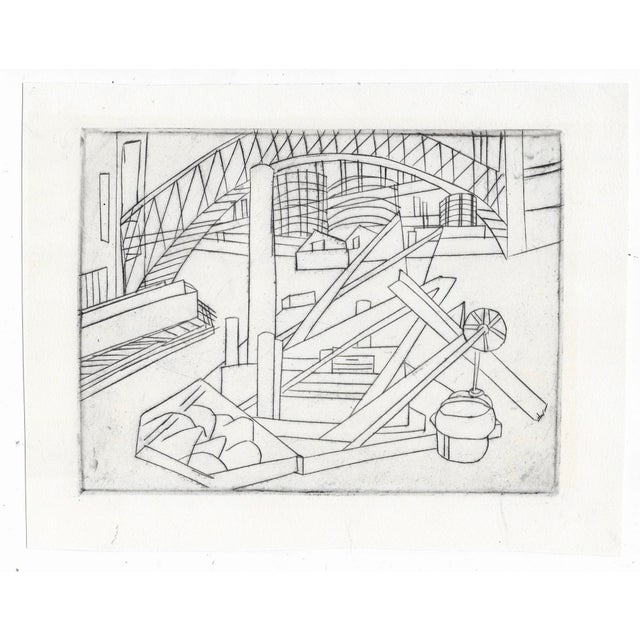 1950s MCM drypoint etching on paper of the riverfront or water front of a city with bridge and industrial area. Unsigned.