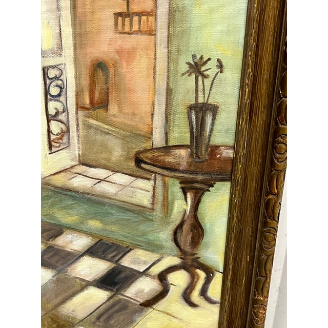 Vintage Spanish Style Naïve Folk Art Interior Painting in Ornate Carved Wood Frame For Sale - Image 6 of 12