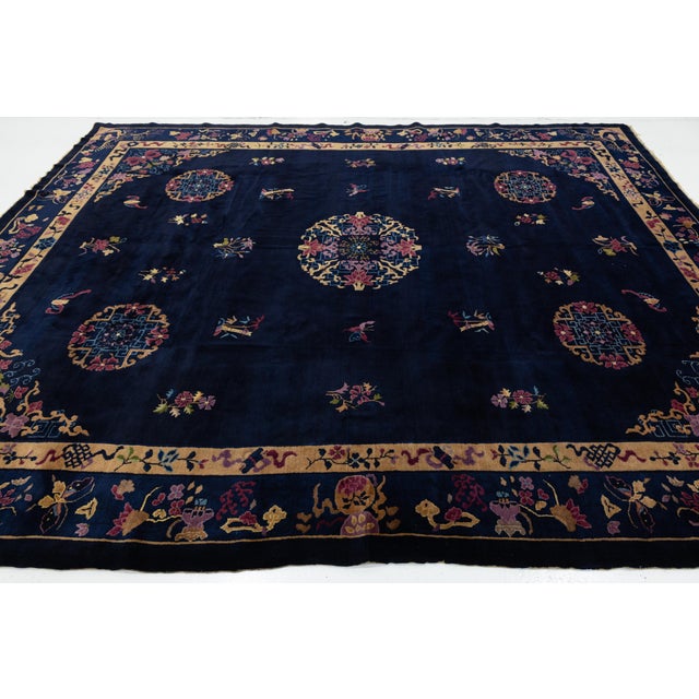 Antique Art Deco Chinese Wool Rug With Indigo Field and Lotus Medallions 9x11 For Sale - Image 11 of 12