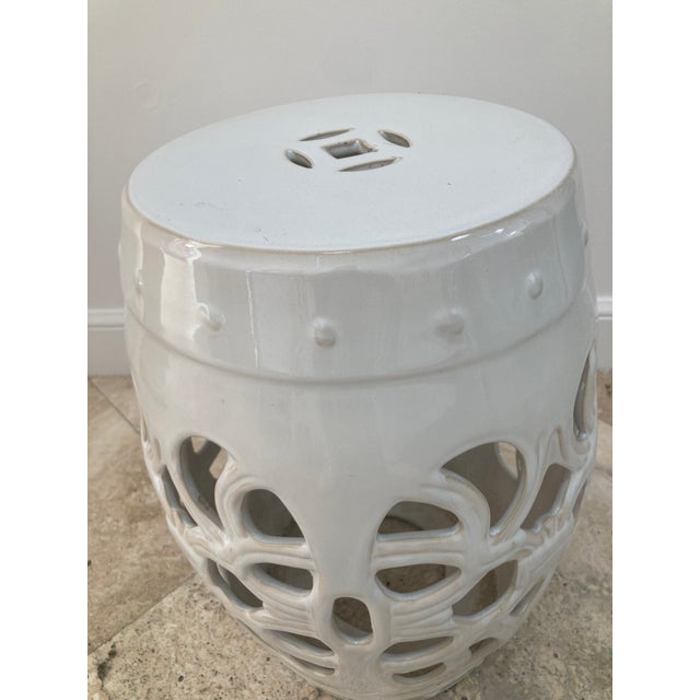 White White Glazed Ceramic Boho Chic Garden Seat For Sale - Image 8 of 10