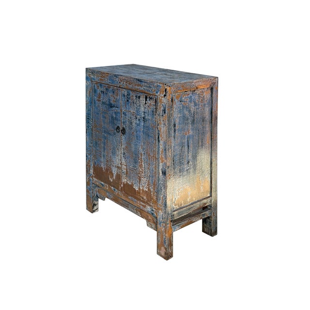 Rustic Distressed Bight Blue Mix Color 2 Doors End Table Nightstand Cabinet For Sale - Image 3 of 5