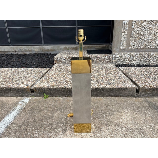 Mid-Century Modern 1980s Frederick Cooper Stainless Steel and Brass Lamps - a Pair For Sale - Image 3 of 14