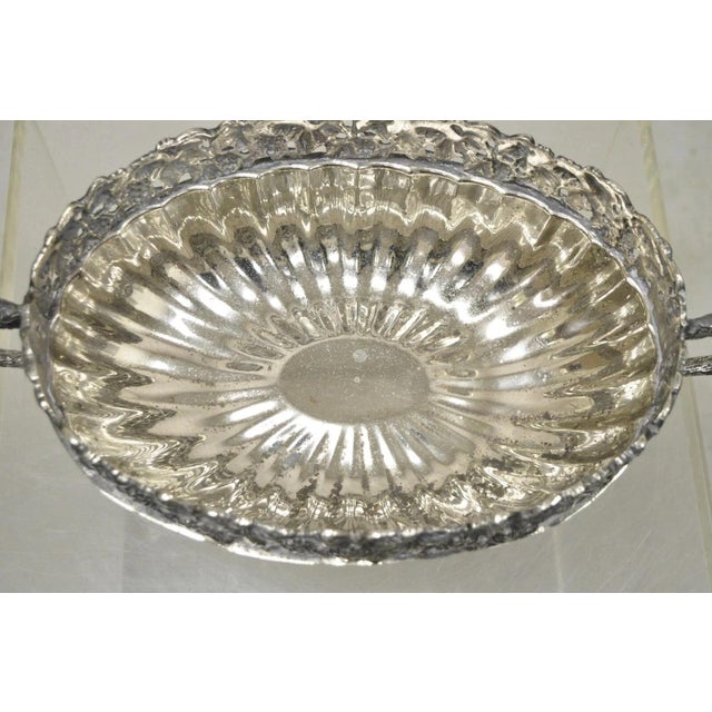 Metal Antique Victorian Silver Plated Grapevine Oval Twin Handle Centerpiece Fruit Bowl For Sale - Image 7 of 10