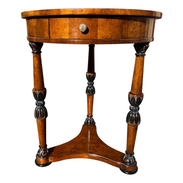 Regency Revival Mahogany Inlaid Side Table With Drawer & Triangular Base For Sale