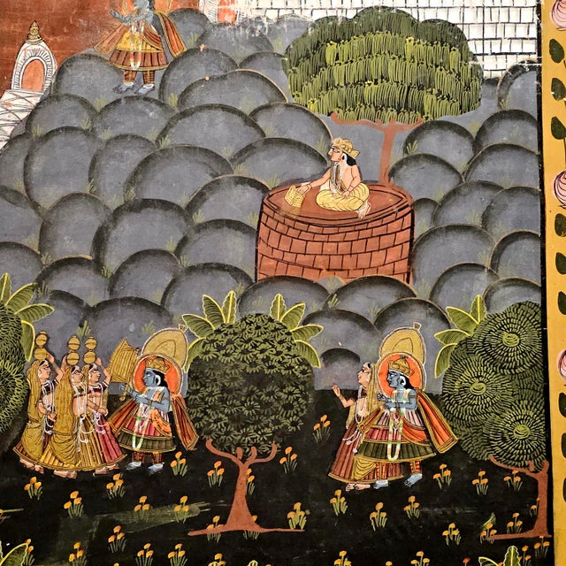 Monumental Mid-Century Pichwai Pichhavi Painting – Krishna & Gopis, Framed 76” For Sale - Image 9 of 12