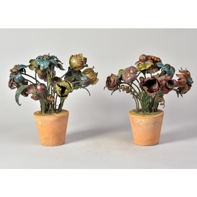 Pair Early 20th C French Metal Tole Flowers in Terracotta Pots For Sale In Detroit - Image 6 of 12
