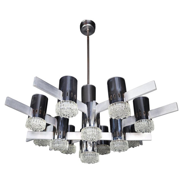Chandelier with Chrome and Aluminium Fixture attributed to Gaetano Sciolari, Italy, 1970s For Sale