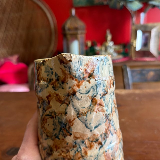 Blue Antique Farmhouse Yellowware Blue and Brown Sponge Decorated Pitcher, Circa 1870's For Sale - Image 8 of 12