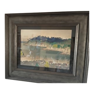 Vintage Matsuoka Eikyu (1881 - 1938) Japanese Woodblock Print Manazuru, Izu Province With Larson Juhl Wood Frame For Sale