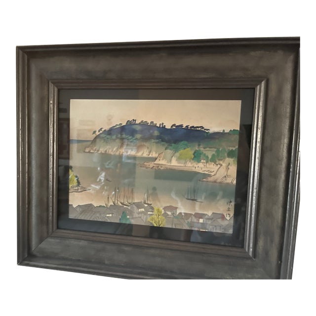 Vintage Matsuoka Eikyu (1881 - 1938) Japanese Woodblock Print Manazuru, Izu Province With Larson Juhl Wood Frame For Sale