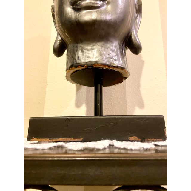 Ceramic Extra Large Ceramic Buddha Head Sculpture Mounted on a Metal Stand For Sale - Image 7 of 12