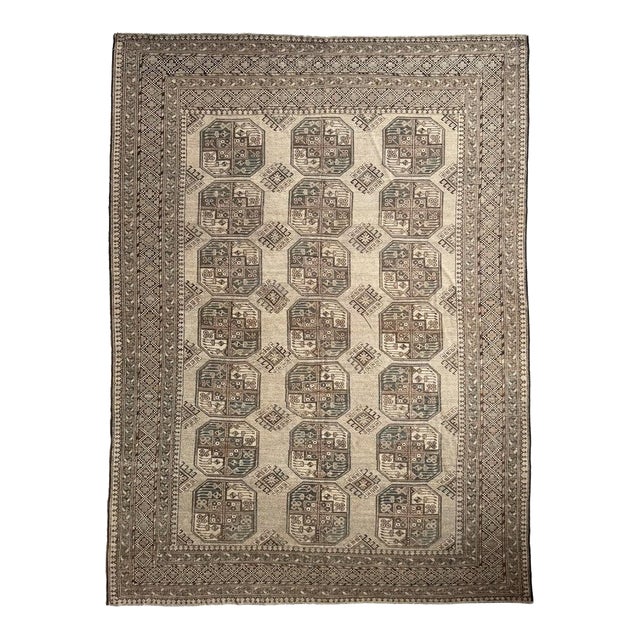 Muted Cloud Grey, Taupe, and Steel Blue Vintage Ersari Elephant Track Organic Wool Rug 8.4 x 11.6 For Sale