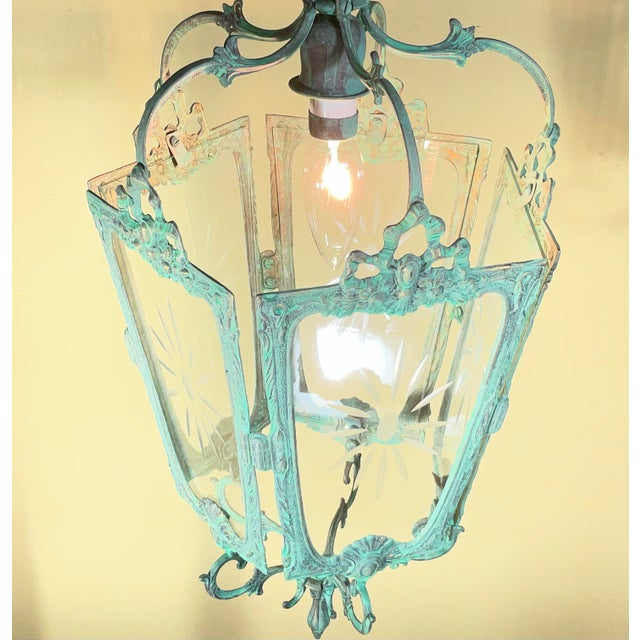 Antique Style Solid Brass Hanging Hallway Lantern W/ Etched Starburst Glass For Sale - Image 11 of 16