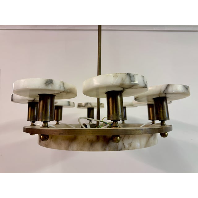 Art Deco Alabaster and Brass 8-Arm Chandelier, 1930s For Sale - Image 14 of 17