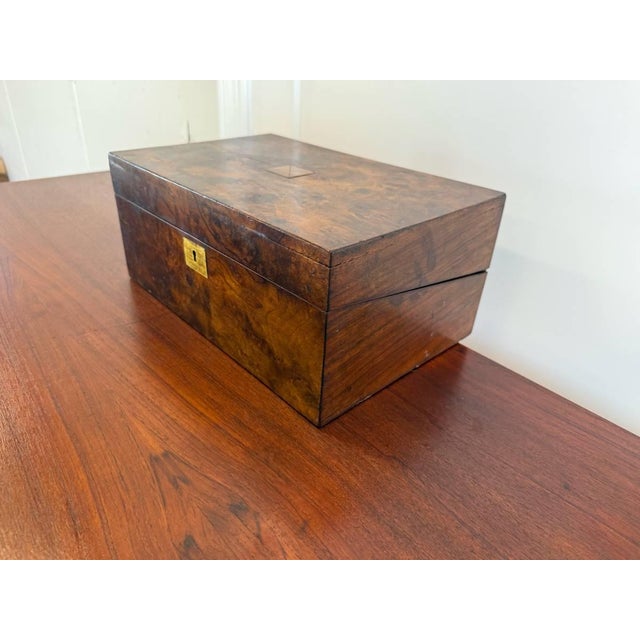 Early 20th Century Antique Victorian Style Burr Walnut Brass Writing Box For Sale - Image 10 of 16