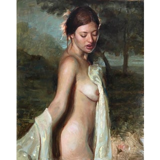 The Bather by Karen Offutt | Oil on panel of a nude woman with a sheer cloth in nature For Sale