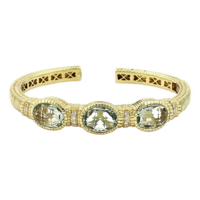 Mid 20th Century Judith Ripka Prasiolite Diamond 18k Gold 3 Stones Hinged Cuff Bracelet For Sale