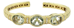Mid 20th Century Judith Ripka Prasiolite Diamond 18k Gold 3 Stones Hinged Cuff Bracelet