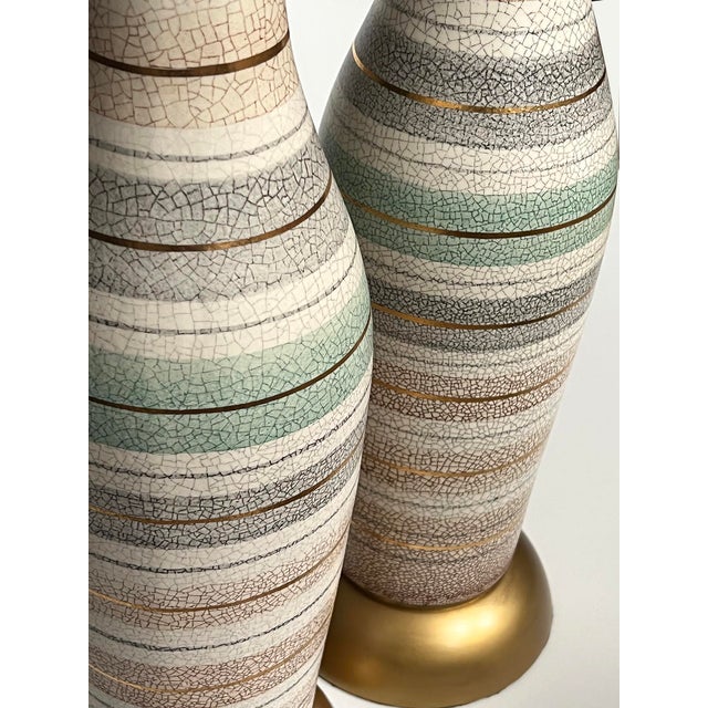 Ceramic Tall Pair 1960s Bottle-Form Striped Ceramic Lamps With Crackle Glaze Finish For Sale - Image 7 of 10