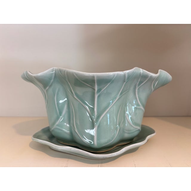 Set of 3 Vintage Chinese Longquan Celadon Cabbage Leaf Planters With Underplates For Sale In Philadelphia - Image 6 of 14