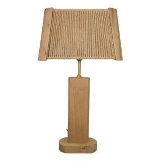 Brutalist Elm and Oak Table Lamp with Rope Lampshade, 1980s For Sale