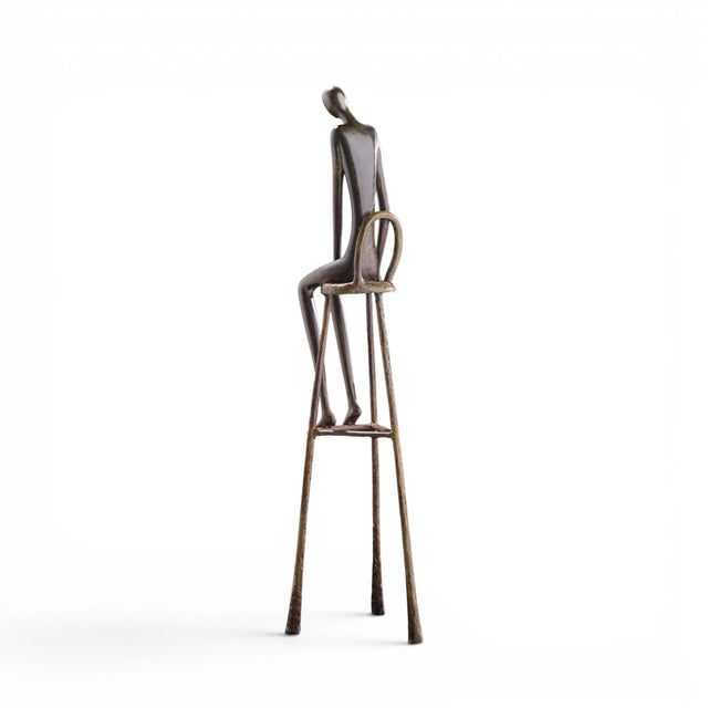 Early 21st Century Ruth Bloch Signed 4/15 Israeli Man on Stool Bronze Sculpture For Sale - Image 5 of 10