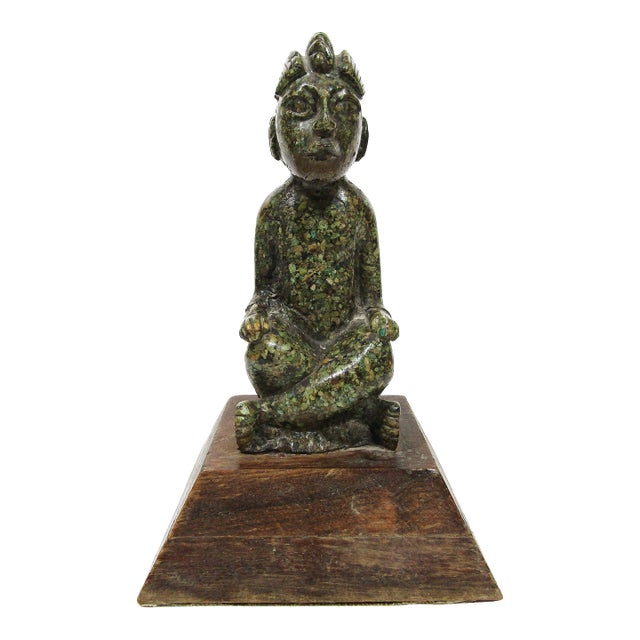 Aztec-Inspired Pre-Columbian Style Seated Figure Statue on Wood Base For Sale