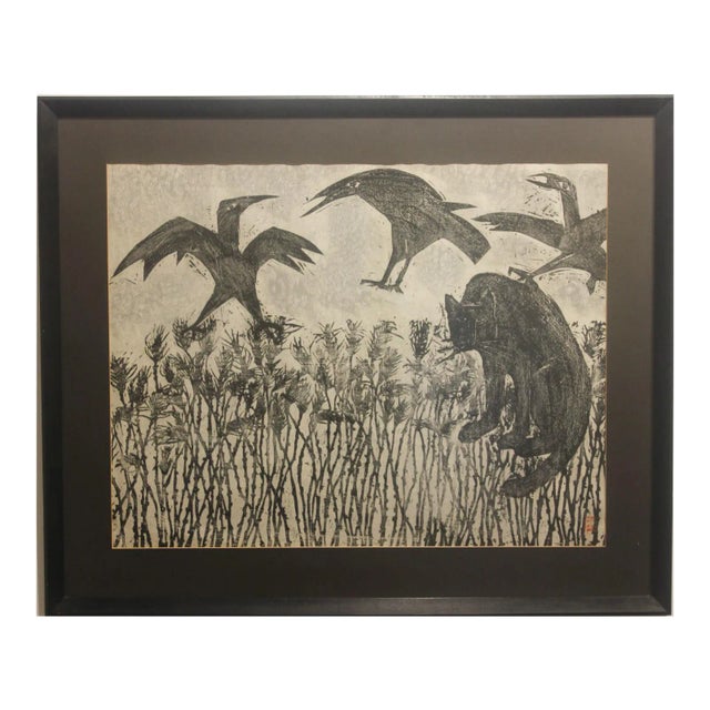 Modern Woodblock Print with a Cat and Birds in a Field For Sale