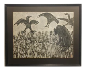 Modern Woodblock Print with a Cat and Birds in a Field
