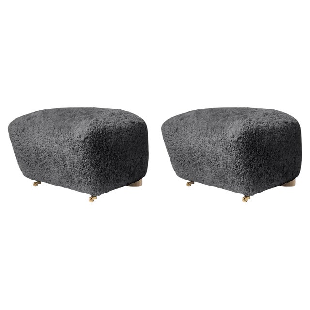 Set of Antrachite Natural Oak Sheepskin the Tired Man Footstools by Lassen For Sale
