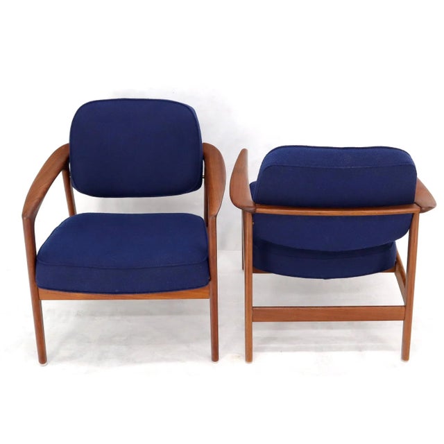 Wood Pair of New Blue Upholstery Teak Danish Mid-Century Modern Arm Lounge Chairs For Sale - Image 7 of 13
