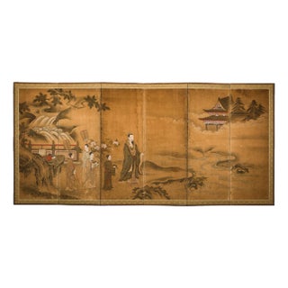 Japanese Meiji Six-Panel Folding Screen with Courtly Landscape and Pavilion For Sale