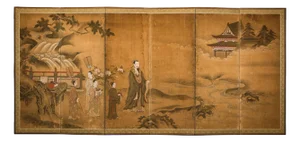 Japanese Meiji Six-Panel Folding Screen with Courtly Landscape and Pavilion
