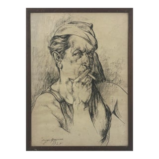 Antique Expressionist Self Portrait by Luigi Spirrizzi, Charcoal on Paper (Framed, 1928) For Sale