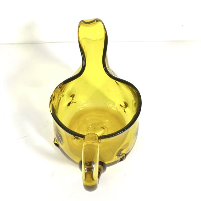 1970s Mid Century Modern Amber Art Glass Pitcher With Pinched Hand Blown Glass and a Large Lip For Sale - Image 5 of 9