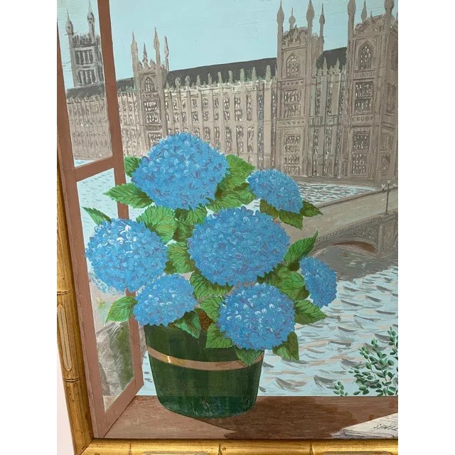 American 1950s Trompe l'Oeil Window Scene of London Acrylic Painting by Denys Fitz-Patrick, Framed For Sale - Image 3 of 5