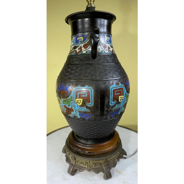 Antique Japanese Cloisonné Lamp, circa 1910, with blue, wine white and turquoise color enamel inlay on bronze vase,...