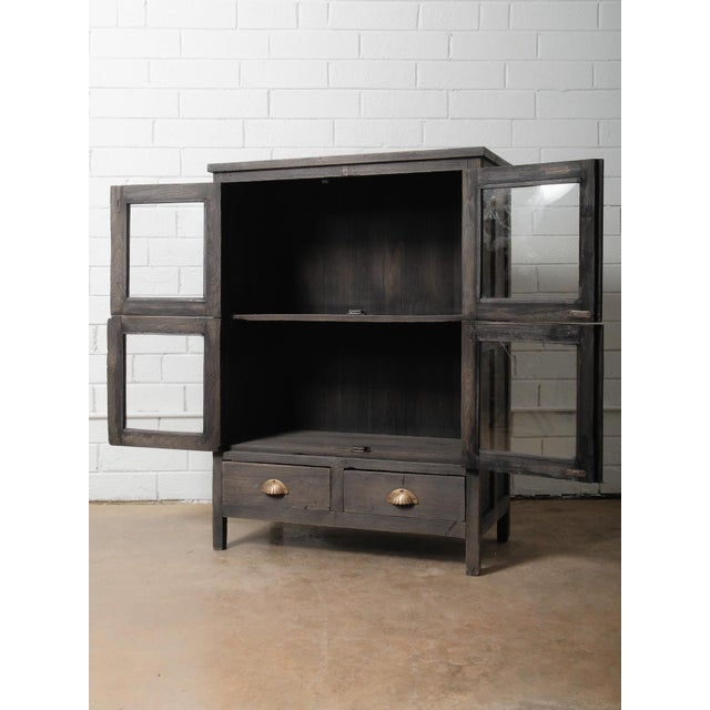Rustic Late 20th Century Dark Wood Glass-Front Cabinet With Brass Hardware and Dual Lower Drawers For Sale - Image 3 of 6