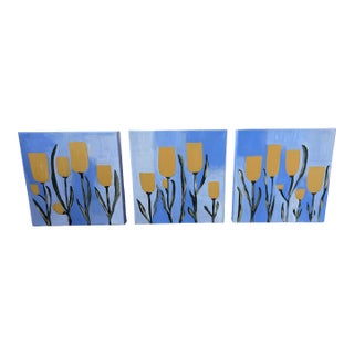 Rare, Modern Abstract Folk Art Triptych Acrylic Paintings on Canvas, “Spring Pop,”Signed, Dated For Sale