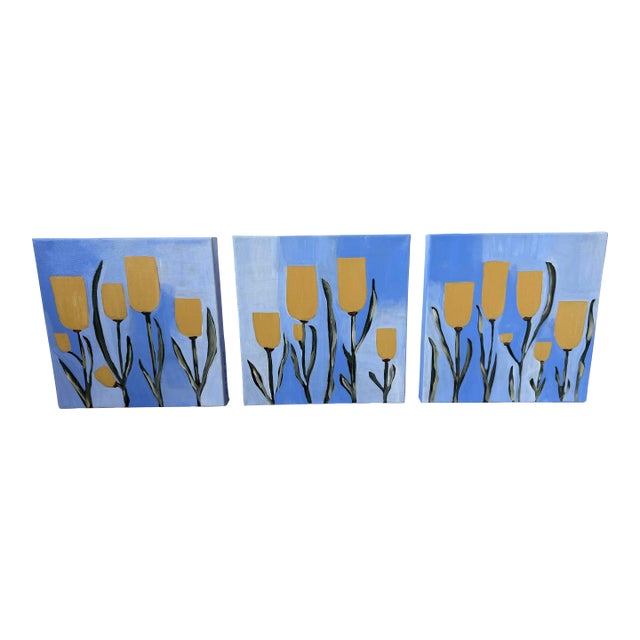 Rare, Modern Abstract Folk Art Triptych Acrylic Paintings on Canvas, “Spring Pop,”Signed, Dated For Sale