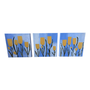 Rare, Modern Abstract Folk Art Triptych Acrylic Paintings on Canvas, “Spring Pop,”Signed, Dated