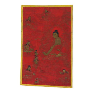 Antique Tibetan Thangka Painting With Figures, Red Ground, Signed 19thC